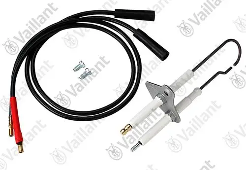 Vaillant Zündelektrode mit zwei Keramikelementen, verbunden durch Kabel mit Anschlusssteckern und zwei Schrauben.
